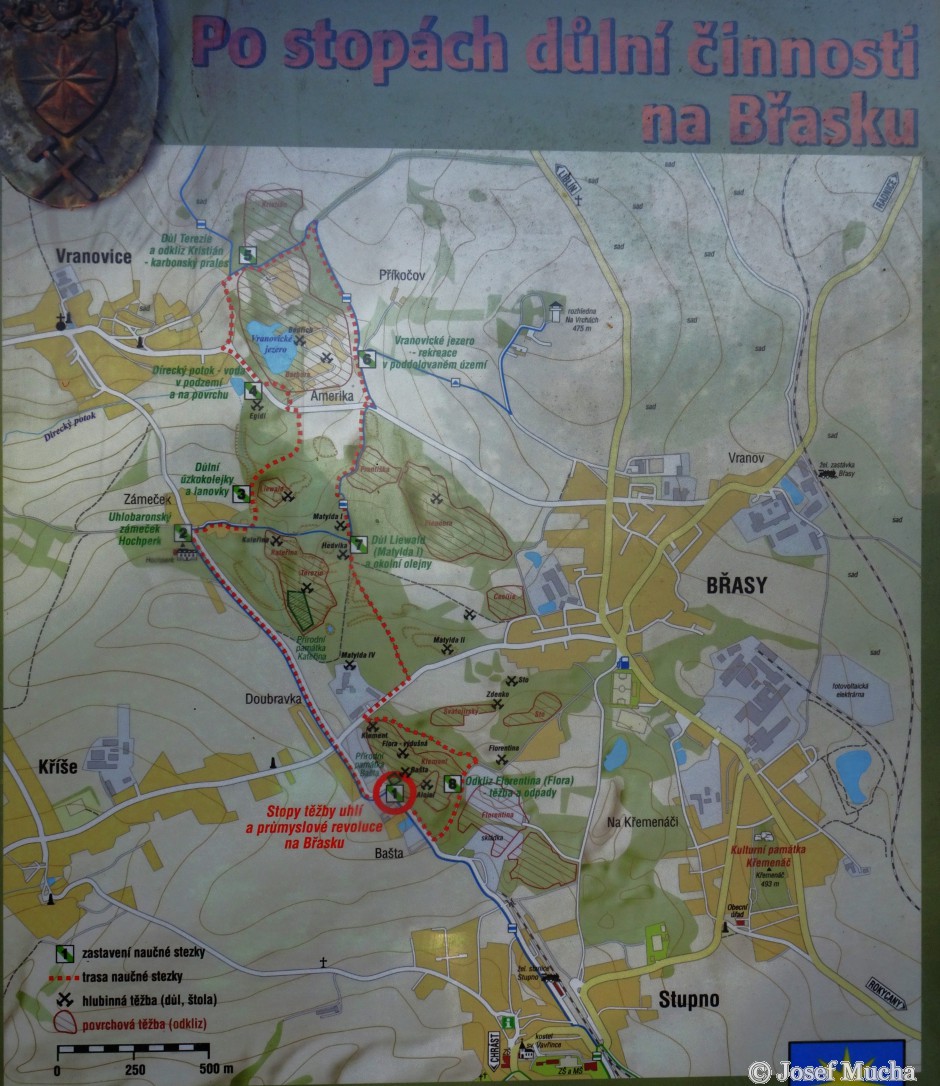 Bašta u Břas – profil černouhelnou pánví  - informační tabule s mapou břaské pánve s povrchovými a hlubinnými doly