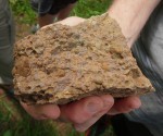 Kozlí hora - Hudlice - diabasová polštářová láva s mandičkovou strukturou - kalcitové kuličky s limonitem