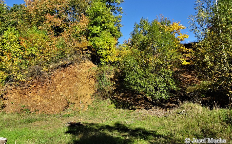 Polštářové lávy u obce Vísky - celkový pohled na malý opuštěný lom na úpatí silicitové skály s již rozpadlým hradem Homberk