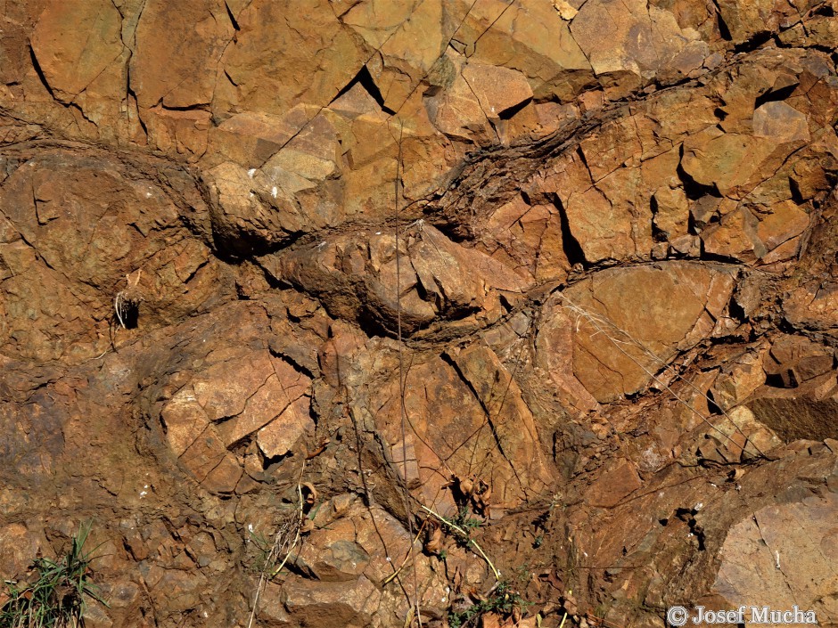 Polštářové lávy u obce Vísky - výplně mezi polštáři jsou tvořeny kousky a střípky lávy a částečně břidlicemi vytvořených ze sedimentů bahnitého dna stmelených kalcitem nebo křemenem, tzv brekcie