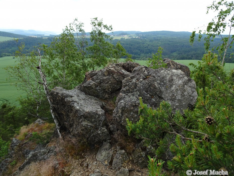 Hudlická skála - vrcholová část značně tektonicky porušeného skalního masivu