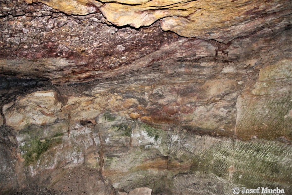 Hrádek - lomy Nad Planinou - bazální slepenec v horní části obr., dole bělavě zbarvená těžená arkóza - jsou vidět vrypy nástrojů po těžbě, v levé části černá vrstvička uhelného jílovce s karbonskou flórou
