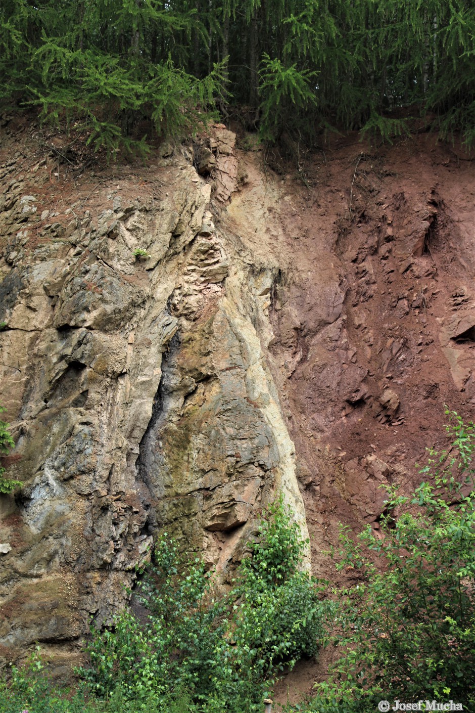 Malé Svatoňovice - bunkr - rozhraní červenohnědých permských a šedých křídových sedimentů - detail