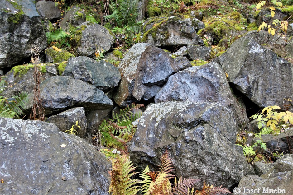 Podhorní vrch a maar Rájov - opuštěný lom - nepravidelný rozpad bazaltu - detail