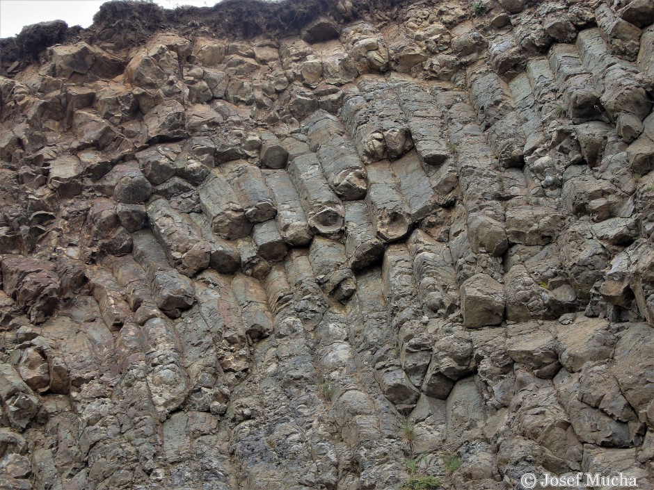 Těšetice - lom - šikmo uložená sloupcová odlučnost - na mnoha místech je bazalt příčně rozpukán 