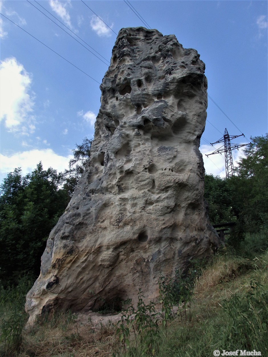 Podlešínská skalní jehla - celková výška skalního útvaru - 8 m, na věži je vidět působení erozivních sil - římsy, dutiny, voštiny