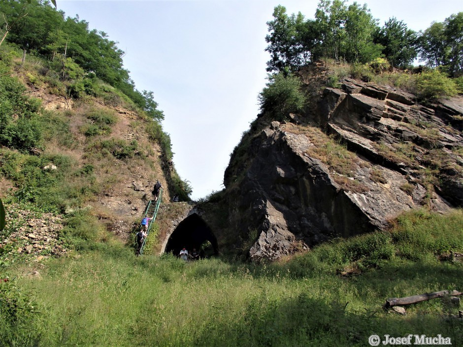 Lom Požáry - stratotyp - na vrstvy stratotypu se musí vylézt na těleso tunelu po ocelových schodech