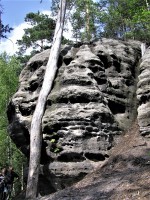 Malá Pravčická brána - skalní útvary v okolí brány, je na nich vidět proces selektivního zvětrávání různě pevných vrstev pískovců 