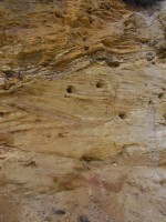 Sokolovská pánev - Starosedelské souvrství - šikmé zvrstvení, v horní části snímku sedimentace jemného materiálu