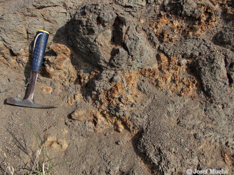 Vrch Homole - alterované bazalty, žlutobílošedé jílovité minerály s cibulovitou odlučností bazaltu 