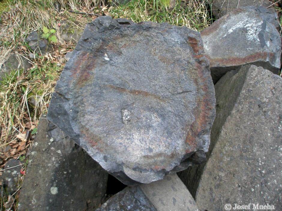 Čedičové varhany u Hlinek - skoro pravidelný pětiboký hranol, uvnitř xenolit (cizorodá hornina) s olivínem, sloupy postupně chladly od vnějšího povrchu ke středu sloupu