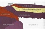 Vinařická hora - schéma uložení vrstev hlavní stěny lomu - autor Mgr.Vladislav Rapprich, Ph.D., kniha Za sopkami po Čechách