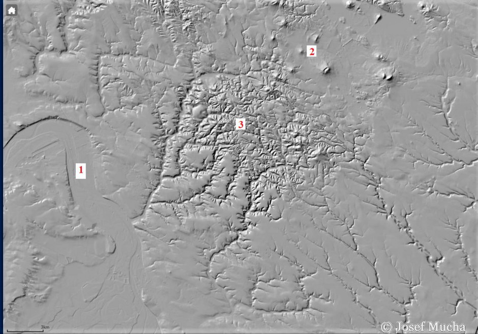 Kokořínské pokličky a kokořínské údolí - digitální model reliéfu, 1- řeka Labe, 2 - přívodní sopouchy neogénních vulkánů, 3 - celistvá kokořínská deska s hluboce zaříznutými údolími Pšovky a Liběchovky, www.mapy.geology.cz