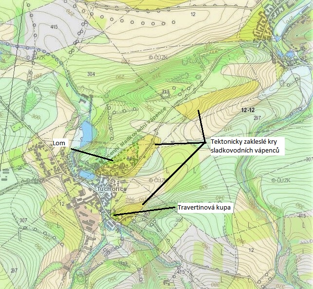 Tuchořice - geologická mapka - tektonicky zakleslé kry sladkovodních vápenců, původní jezero bylo mnohem větší