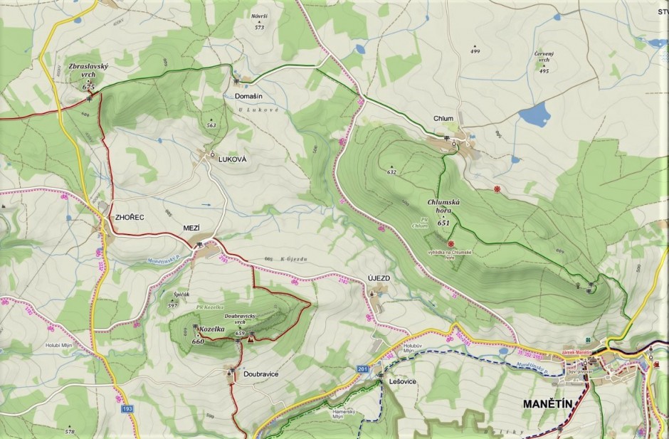 Zbraslavský vrch, Doubravický vrch - Kozelka, Chlumská hora - mapa zájmového území, www.mapy.cz